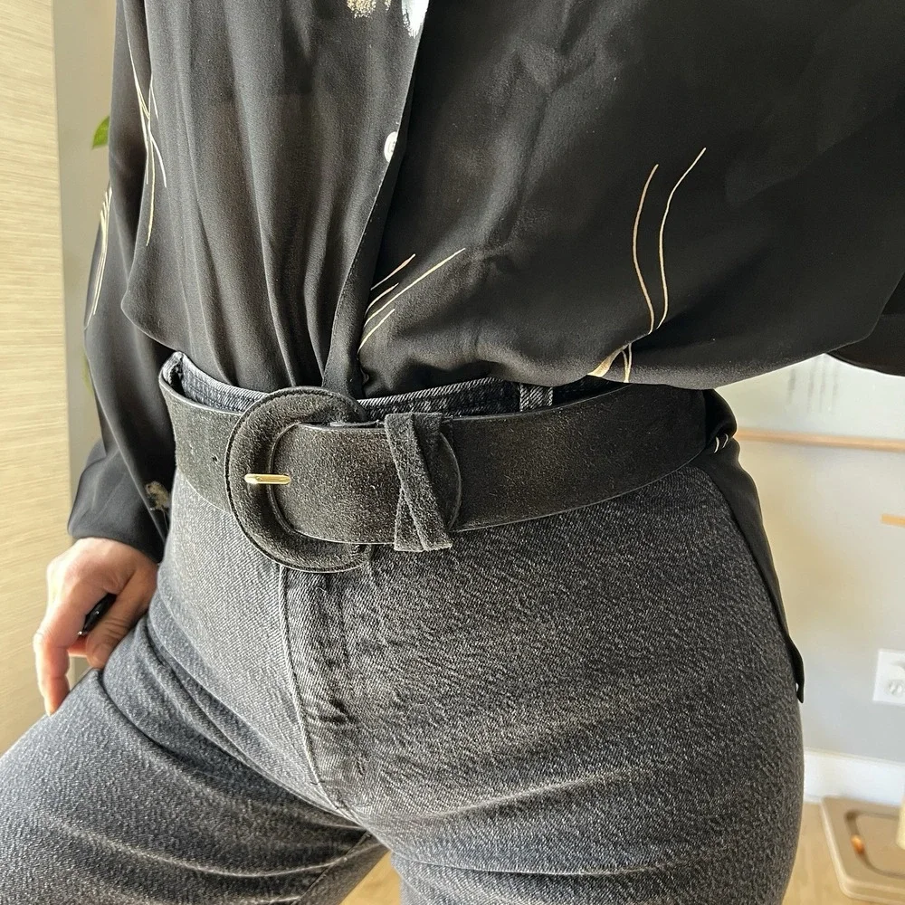 Vintage Black Genuine Leather Belt Wide Oval Buckle Taiwan ROC Small